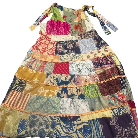 Bohera Dresses & Skirts - Bohera Patchwork Tiered Midi Dress Womens Large Multicolor Boho Tie Shoulder L